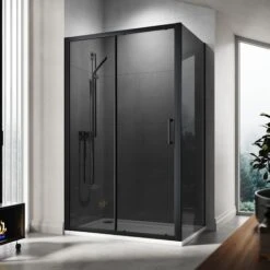 ELEGANT 1200mm Shower Cabin Black Sliding Door 760mm Shower Screen Panel 8mm Nano Glass Wet Room With Shower Base Tray 1200x760mm And Waste Trap