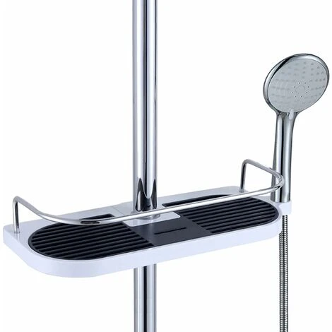 No Drilling Shower Shelf For Shower Rail, Aluminum Alloy Adjustable Pole Telescopic Shower Shelf With 2 Towel Hooks, Fits 19mm - 25mm Rail - Image 2