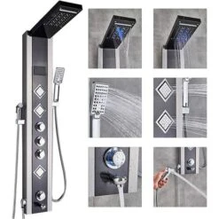 SUGUWORD Shower Tower Panel LED Shower System With 6 Functions, Unique Powerful Hydromassage And Bidet Tap Shower Tower Wall Mounted Black And Brushed Nickel