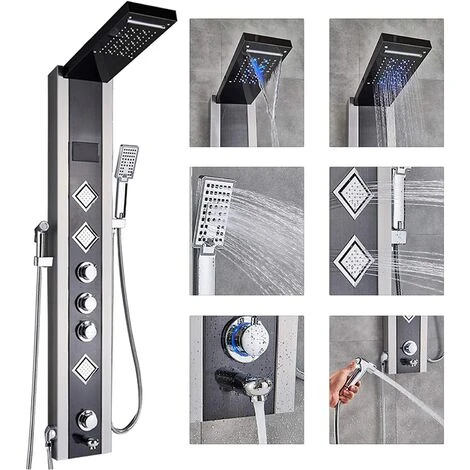 SUGUWORD Shower Tower Panel LED Shower System With 6 Functions, Unique Powerful Hydromassage And Bidet Tap Shower Tower Wall Mounted Black And Brushed Nickel