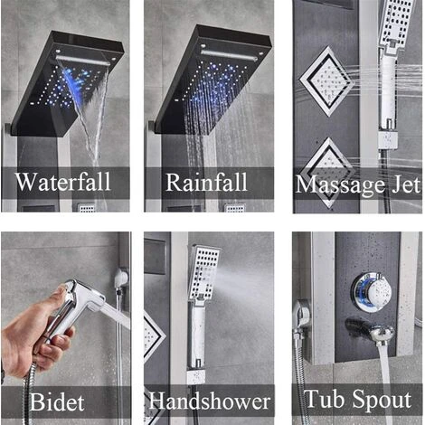 SUGUWORD Shower Tower Panel LED Shower System With 6 Functions, Unique Powerful Hydromassage And Bidet Tap Shower Tower Wall Mounted Black And Brushed Nickel - Image 3
