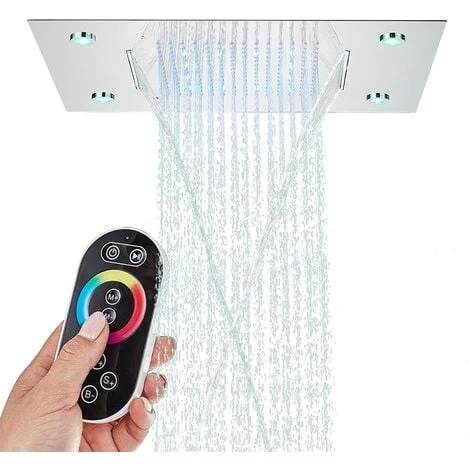 SUGUWORD LED 14X20 Inch Waterfall Rainfall Shower Head Multifunction Shower Head Square Ceiling Mounted Shower Head Solid Brass High Pressure Shower Head Remote Control Shower Head Chrome Polished