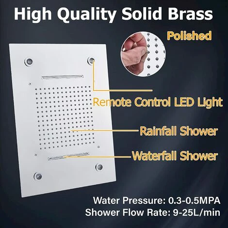 SUGUWORD LED 14X20 Inch Waterfall Rainfall Shower Head Multifunction Shower Head Square Ceiling Mounted Shower Head Solid Brass High Pressure Shower Head Remote Control Shower Head Chrome Polished - Image 2
