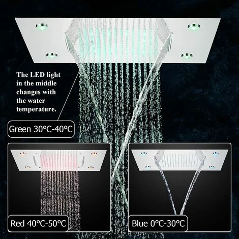 SUGUWORD LED 14X20 Inch Waterfall Rainfall Shower Head Multifunction Shower Head Square Ceiling Mounted Shower Head Solid Brass High Pressure Shower Head Remote Control Shower Head Chrome Polished - Image 3