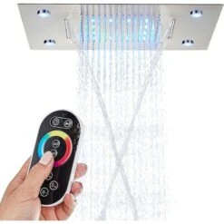 SUGUWORD LED 14X20 Inch Waterfall Rainfall Shower Head Multifunction Shower Head Square Ceiling Mounted Shower Head Solid Brass High Pressure Shower Head Remote Control Shower Head Brushed Nickel
