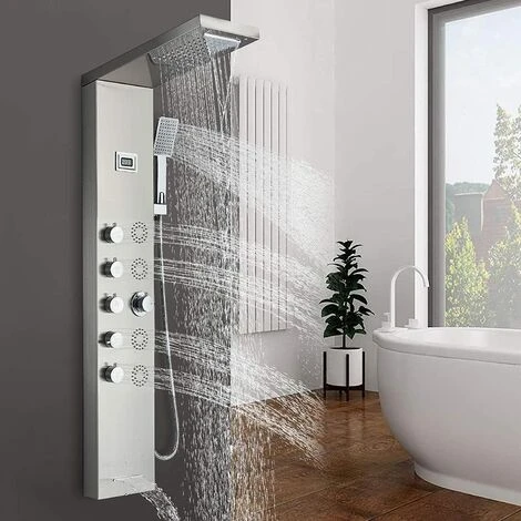 SUGUWORD Shower Panel Tower With 6 Functions Rainfall And Waterfall Shower Temperature Display Hand Shower Back Massage Jets And Bathtub Spout Wall Mounted Shower System Brushed Nickel - Image 2