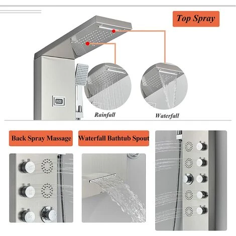 SUGUWORD Shower Panel Tower With 6 Functions Rainfall And Waterfall Shower Temperature Display Hand Shower Back Massage Jets And Bathtub Spout Wall Mounted Shower System Brushed Nickel - Image 3