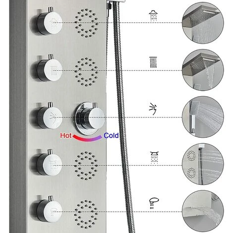 SUGUWORD Shower Panel Tower With 6 Functions Rainfall And Waterfall Shower Temperature Display Hand Shower Back Massage Jets And Bathtub Spout Wall Mounted Shower System Brushed Nickel - Image 4