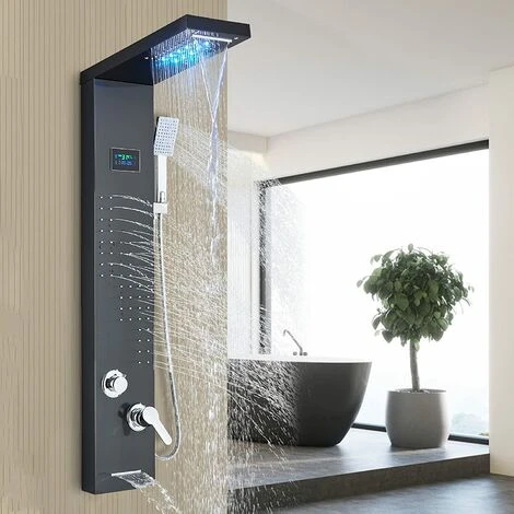 SUGUWORD LED Shower Panel Tower System Black 304 Stainless Steel 5 Function With Rainfall Waterfall Shower Head Massage Jets Hand Shower And Tub Spout Shower System - Image 2