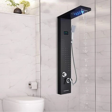 SUGUWORD LED Shower Panel Tower System Black 304 Stainless Steel 5 Function With Rainfall Waterfall Shower Head Massage Jets Hand Shower And Tub Spout Shower System - Image 3