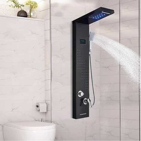 SUGUWORD LED Shower Panel Tower System Black 304 Stainless Steel 5 Function With Rainfall Waterfall Shower Head Massage Jets Hand Shower And Tub Spout Shower System - Image 4