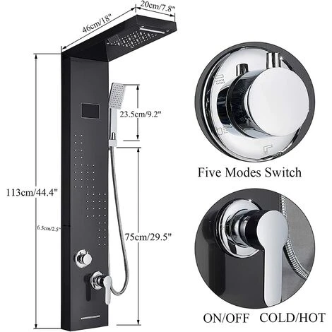 SUGUWORD LED Shower Panel Tower System Black 304 Stainless Steel 5 Function With Rainfall Waterfall Shower Head Massage Jets Hand Shower And Tub Spout Shower System - Image 5