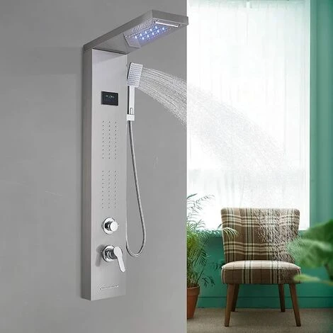 SUGUWORD LED Shower Tower Panel System 304 Stainless Steel 5 Function With Rainfall Waterfall Shower Head Massage Jets Hand Shower And Tub Spout Shower System Brushed Nickel - Image 2