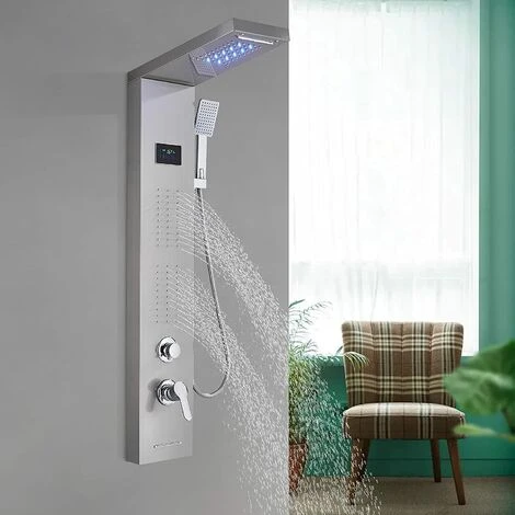 SUGUWORD LED Shower Tower Panel System 304 Stainless Steel 5 Function With Rainfall Waterfall Shower Head Massage Jets Hand Shower And Tub Spout Shower System Brushed Nickel - Image 3