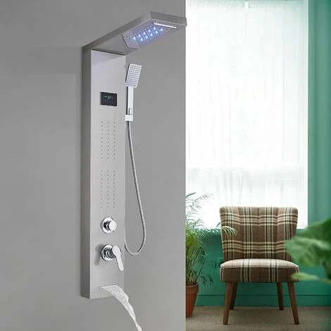 SUGUWORD LED Shower Tower Panel System 304 Stainless Steel 5 Function With Rainfall Waterfall Shower Head Massage Jets Hand Shower And Tub Spout Shower System Brushed Nickel - Image 4