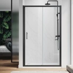 ELEGANT 1200 X 700 Mm Sliding Shower Enclosure Black Frame 6mm Glass Reversible Cubicle Shower Door Screen Panel With Shower Tray And Waste
