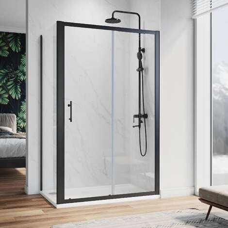 ELEGANT 1200 X 700 Mm Sliding Shower Enclosure Matt Black Frame Cubicle With Tray And Waste + Side Panel + Riser Kit