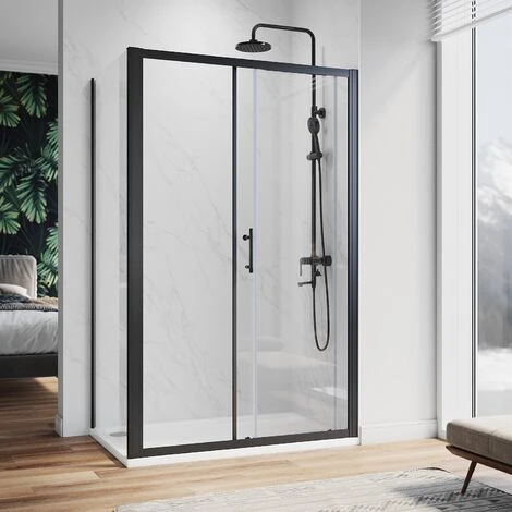ELEGANT 1200 X 700 Mm Sliding Shower Enclosure Matt Black Frame Cubicle With Tray And Waste + Side Panel + Riser Kit - Image 2