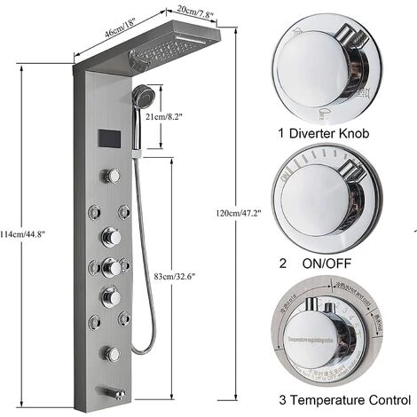 Shower Tower System Stainless Steel LED Rainfall Waterfall Shower Head LCD Display And Handheld Sprayer 8 Massage Jets Tub Spout,Brushed Nickel Finish - Image 5