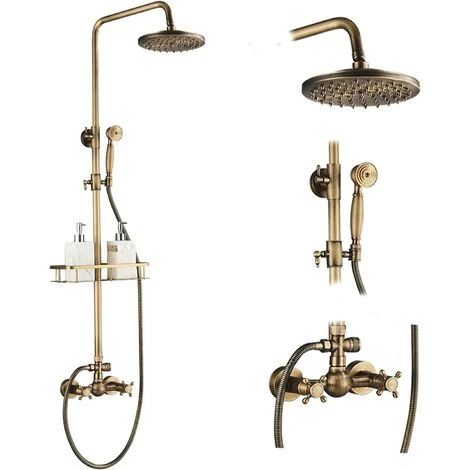 Bathroom Shower System Antique Brass Finish 8 Inch Round Rainfall Shower Head And Hand Sprayer With Shelf Holder Shower Set