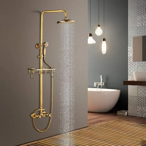 Bathroom Shower System Antique Brass Finish 8 Inch Round Rainfall Shower Head And Hand Sprayer With Shelf Holder Shower Set - Image 2