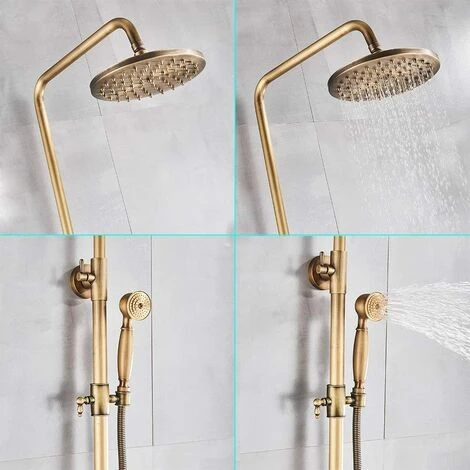 Bathroom Shower System Antique Brass Finish 8 Inch Round Rainfall Shower Head And Hand Sprayer With Shelf Holder Shower Set - Image 3