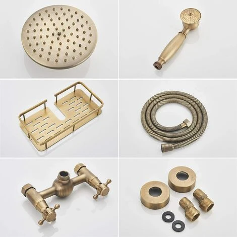 Bathroom Shower System Antique Brass Finish 8 Inch Round Rainfall Shower Head And Hand Sprayer With Shelf Holder Shower Set - Image 5