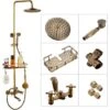 Bathroom Shower Tap Rainfall Shower Head,Hand Spray Tub Tap With Storage Shelf Double Handle Cold And Hot Water Antique Brass Wall Mount Shower Set