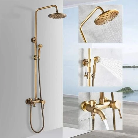 Shower System Wall Mounted Antique Brass Shower Tap With Rainfall Shower Head Handheld Shower Spray Tub Spout 2 Handles Control