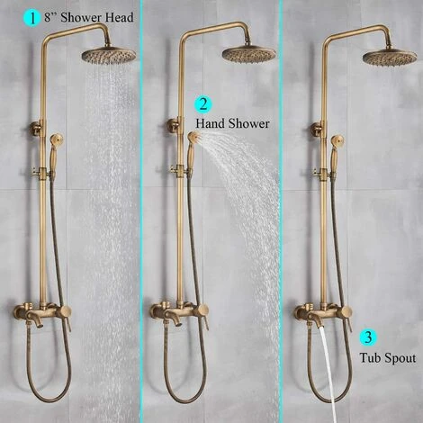 Shower System Wall Mounted Antique Brass Shower Tap With Rainfall Shower Head Handheld Shower Spray Tub Spout 2 Handles Control - Image 2