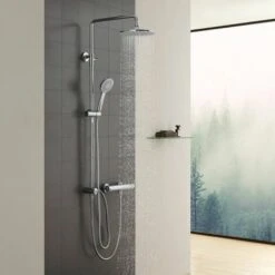Shower Column Without Tap, Shower Bar With 22 Cm Round Shower Head And 3 Types Of Hand Showers With Jet, Shower Column With Double Outlet, Adjustable Height, Stainless Steel. - Chrome