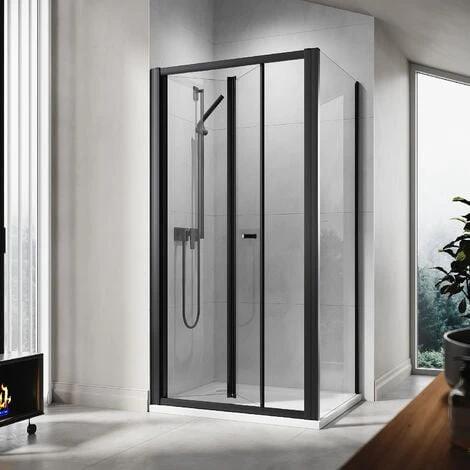 ELEGANT 700 X 800mm Bi-Fold Shower Enclosure Matt Black Frame Folding Glass Cubicle Door + Side Panel - Image 2