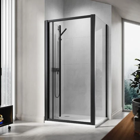 ELEGANT 700 X 800mm Bi-Fold Shower Enclosure Matt Black Frame Folding Glass Cubicle Door + Side Panel - Image 3