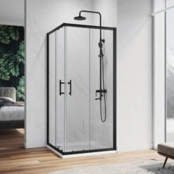 ELEGANT 760 X 760 Mm Sliding Corner Entry Shower Enclosure Door Cubicle Matt Black Frame