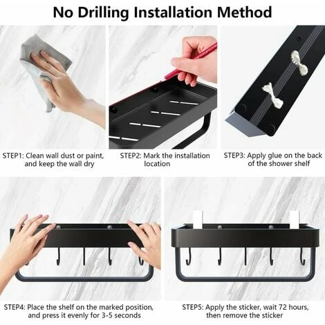 Shower Shelf Without Drilling Bathroom Shelf With Towel Rail And Aluminum Hook Storage Shelf For Shower And Kitchen Set Of 2 Black - Image 4