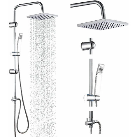 Bathroom Square Shower Mixer Set Twin Heads Chrome Waterfall Tap Riser Rail Hose - Image 2