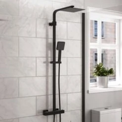Modern Square Matte Black Exposed Thermostatic Mixer Shower Set With Shower Head And Handheld