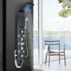 Black Hydro-Massage Shower Column Panel With LCD Display And Hand Shower And 8 Massaging Nozzles Stainless Steel Multi-Functional Shower System For Bathrooms