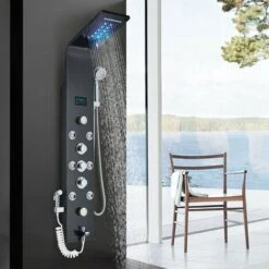 Black Hydro-Massage Shower Column Panel With LCD Display And Hand Shower And 8 Massaging Nozzles Stainless Steel Multi-Functional Shower System For Bathrooms