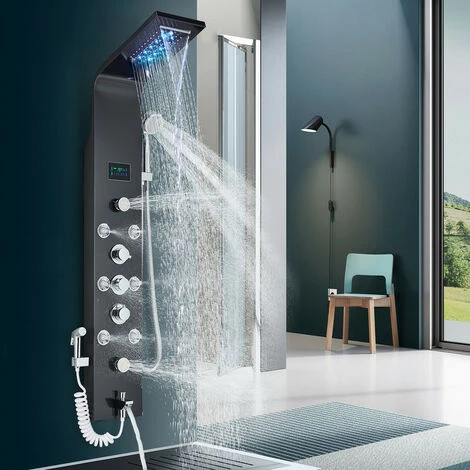 Black Hydro-Massage Shower Column Panel With LCD Display And Hand Shower And 8 Massaging Nozzles Stainless Steel Multi-Functional Shower System For Bathrooms - Image 2