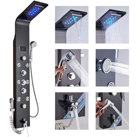 Black Hydro-Massage Shower Column Panel With LCD Display And Hand Shower And 8 Massaging Nozzles Stainless Steel Multi-Functional Shower System For Bathrooms - Image 3