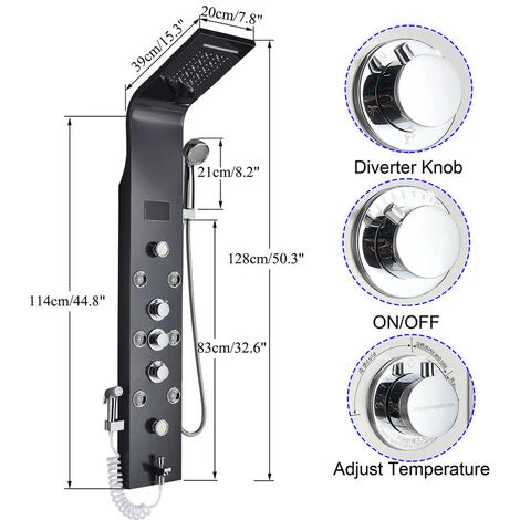 Black Hydro-Massage Shower Column Panel With LCD Display And Hand Shower And 8 Massaging Nozzles Stainless Steel Multi-Functional Shower System For Bathrooms - Image 5