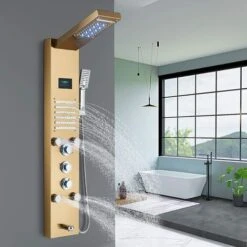 LED Hydromassage Shower Column Mixer 5 Functions Shower Panel Set For Bathroom Stainless Steel System Set With Fixed Shower Head,Massage,Hand Shower And Spout Bathtub