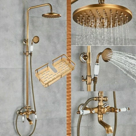 Antique Shower Faucet Set 8-inch Shower Head With Handheld Spray Double Lever Handle Tub Spout Triple Function Bathroom Shower FixtureWall Mount
