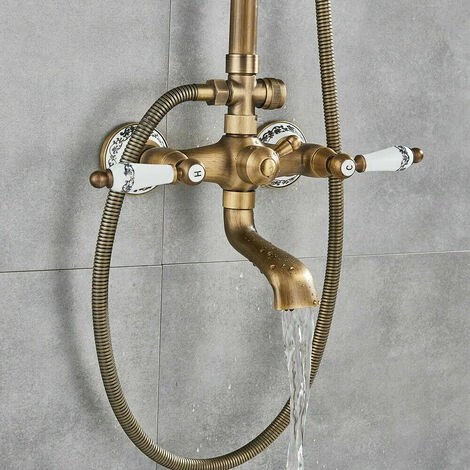 Antique Shower Faucet Set 8-inch Shower Head With Handheld Spray Double Lever Handle Tub Spout Triple Function Bathroom Shower FixtureWall Mount - Image 4