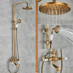 Wall Mount Antique Brass 8'' Round Shower Head Triple Function Exposed Pipe Shower System Mixer Shower Faucet Sets With 2 Lever Knobs Handheld Sprayer With Tub Spout