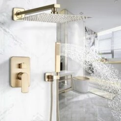 Ensemble De Douche Encastrable Doré Brossé 30cm30cm Système De Douche 2 Fonctions Mitigeur De Douche Avec Pommeau De Douche En Laiton Kit Douche Encastrable Plafond