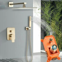 Ensemble De Douche Encastrable Doré Brossé 40cm40cm Système De Douche 2 Fonctions Mitigeur De Douche Avec Ultra Fin Pommeau De Douche En Laiton Kit Douche Encastrable Plafond