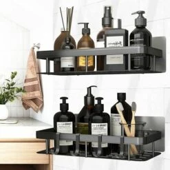 Set Of 2 Shower Shelf Without Drilling, Aluminum Bathroom Wall Shelf With 4 Hooks, Self-Adhesive Shower Holder, Shower Storage For Bathroom/Kitchen/Bedroom