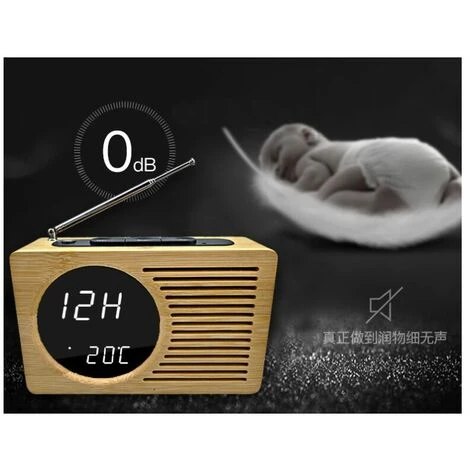 Retro Wooden Bedside Radio Mute Lazy Alarm Clock Electronic Creative Gift 16.5 4.5 9cm Real Bamboo Mirror White Light - Image 3